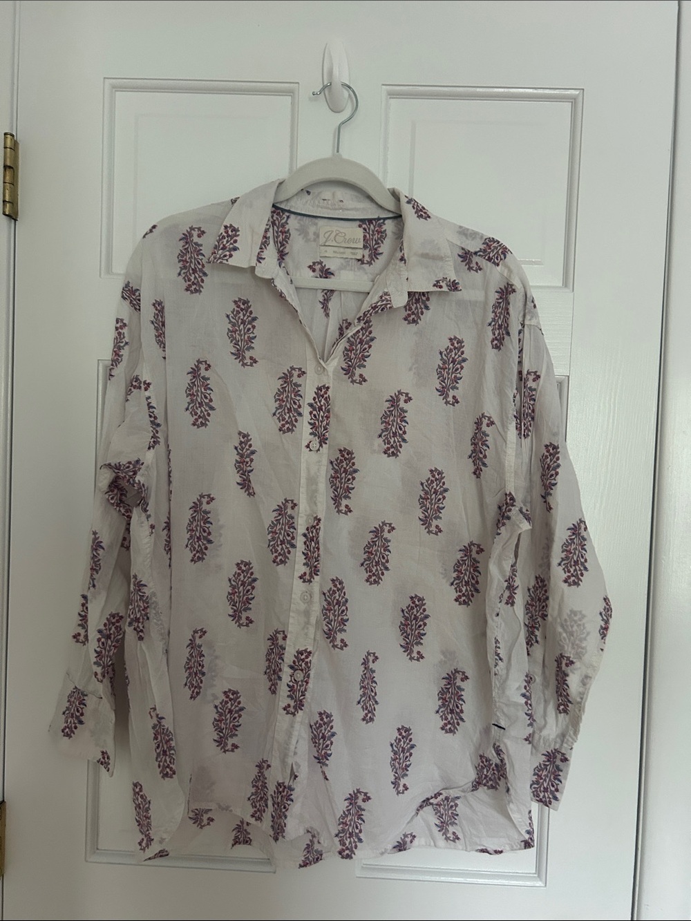 J. Crew Cream Button-Down Shirt with Purple Print